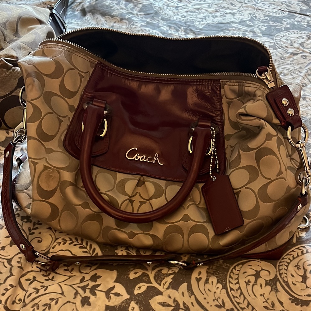 Red and tan coach bag